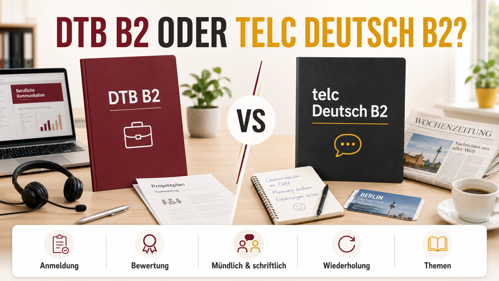 Чим відрізняються іспити DTB B2 (Deutsch-Test für den Beruf) та telc Deutsch B2. Порівняння реєстрації, оцінювання, усної та письмової частин, перескладання й тематики.